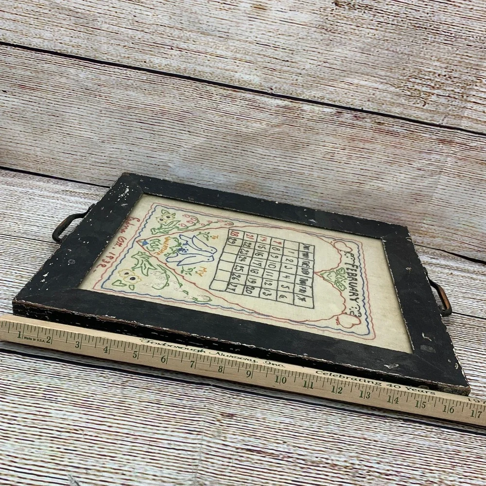 Vintage 1932 February Calendar‎ Framed Metal Handles Hand Embroidered